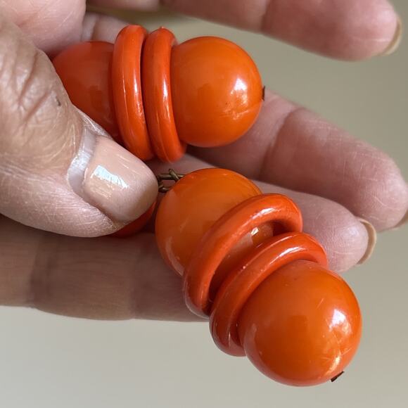 Vintage Earrings 3" Dangle Drop Pierced Orange Acrylic Mod Happy Go go - Picture 10 of 11